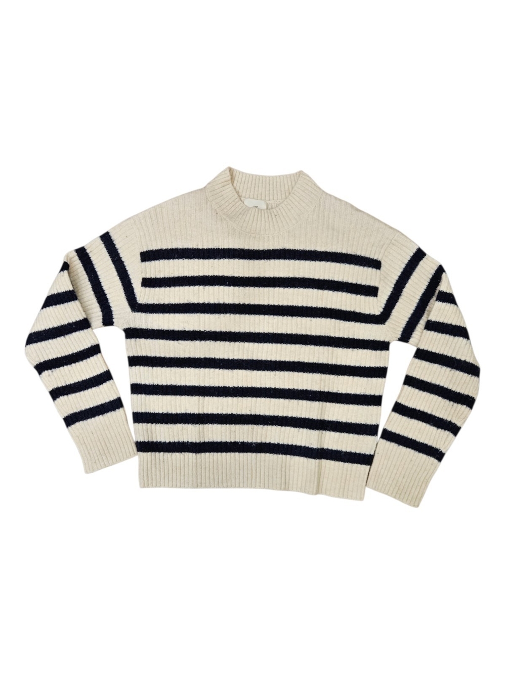 White And Navy Striped Mock Neck Sweater